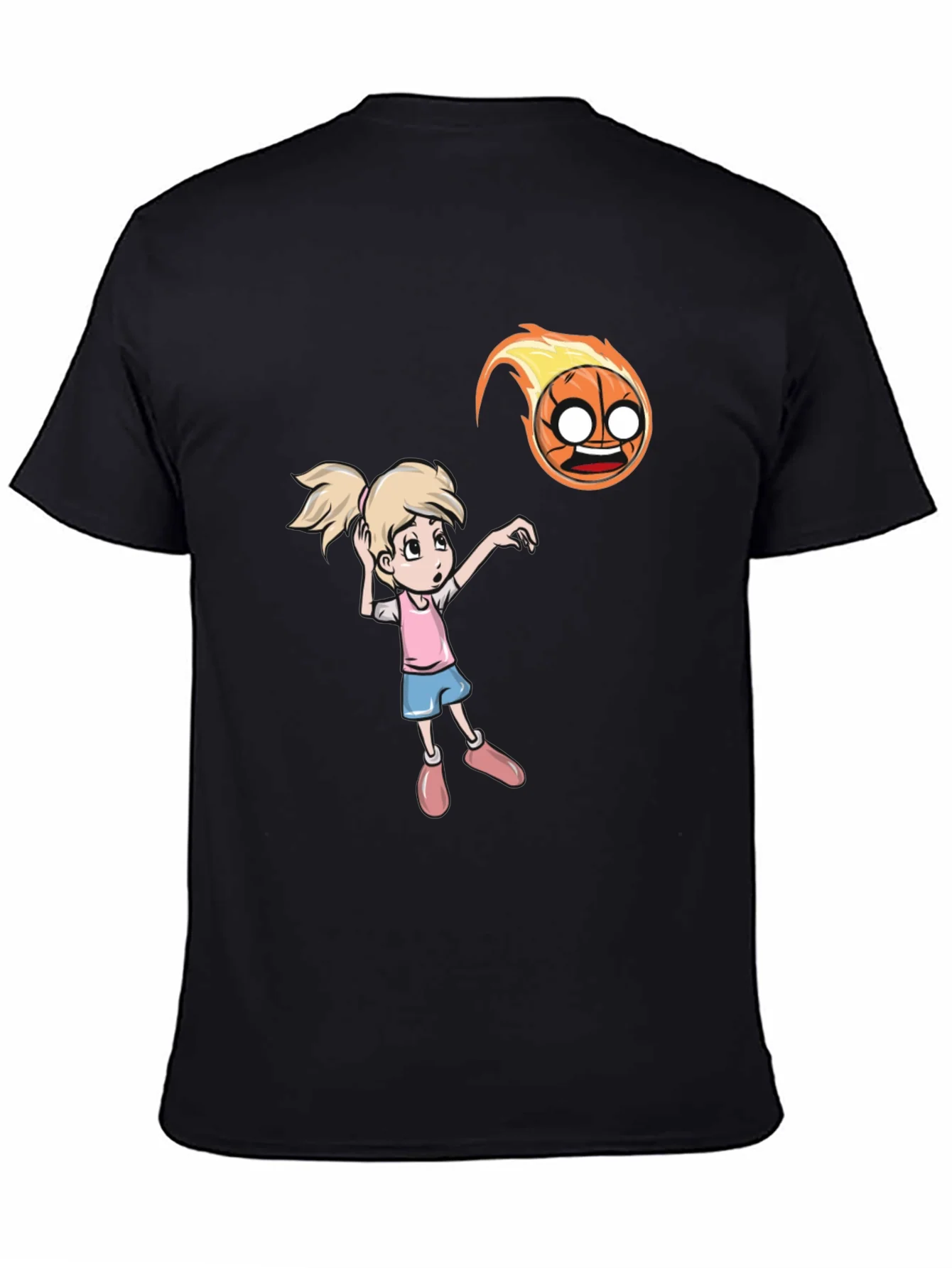 Cartoon Girl vs Flaming Basketball T-Shirt