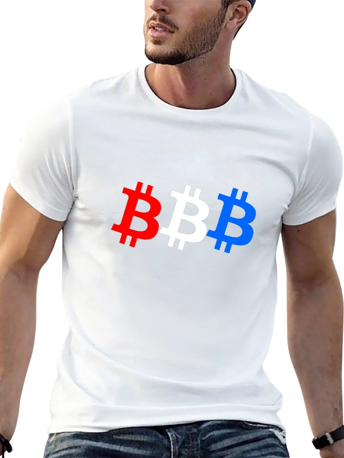 Bitcoin Pride T-Shirt - Red White & Blue BTC Symbols