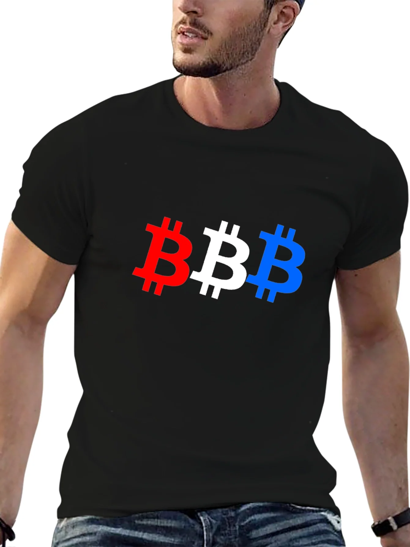Bitcoin Pride T-Shirt - Red White & Blue BTC Symbols