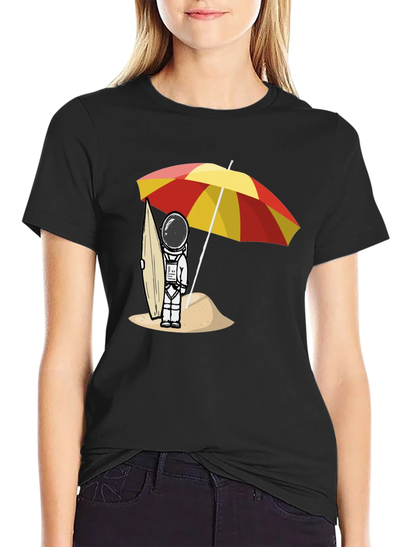 Astronaut Beach T-Shirt - Relaxed Fit Black Cotton Tee