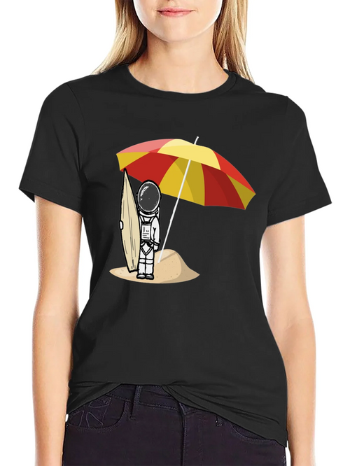 Astronaut Beach T-Shirt - Relaxed Fit Black Cotton Tee