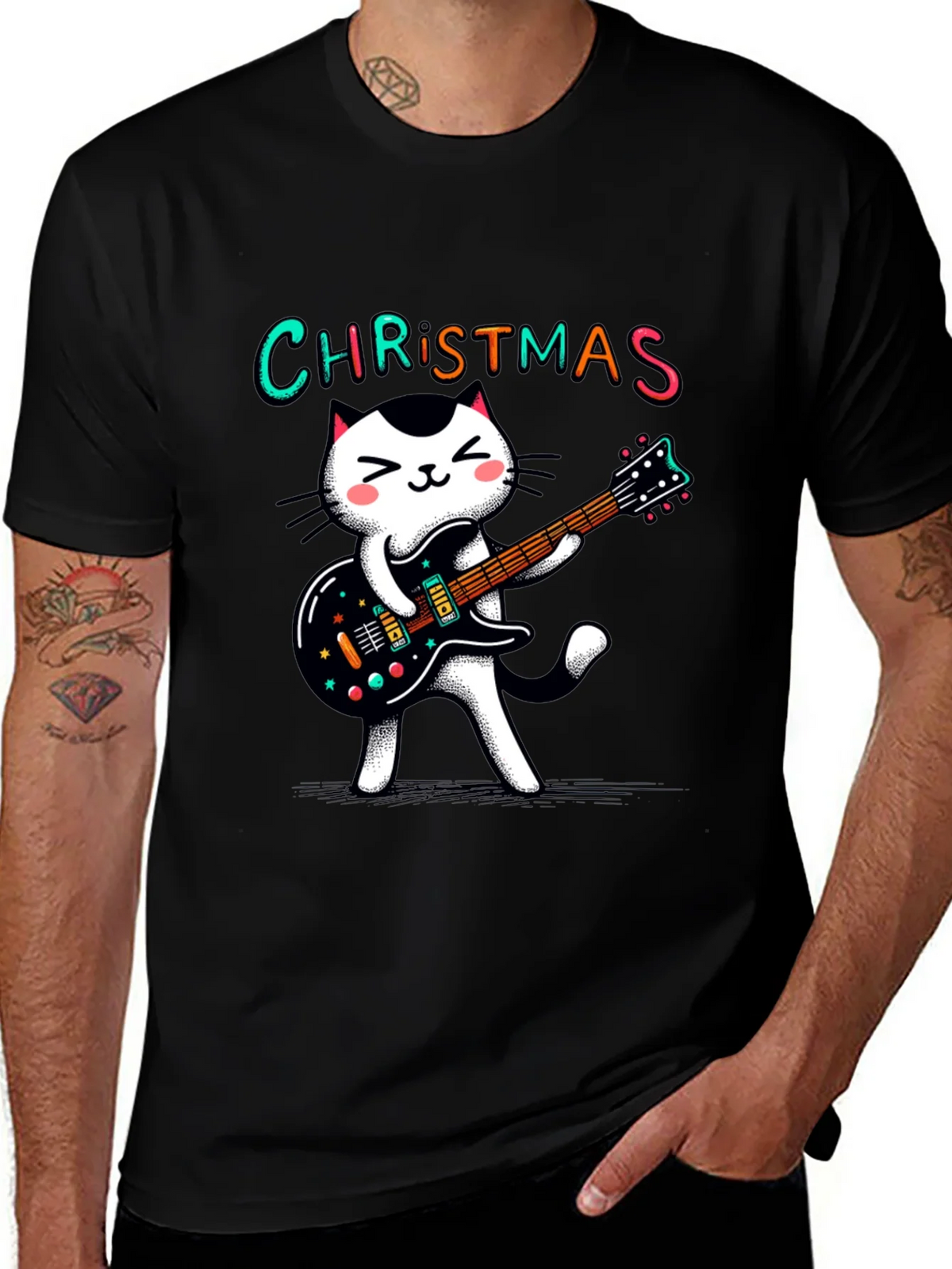 Christmas Cat Guitar T-Shirt - Holiday Style