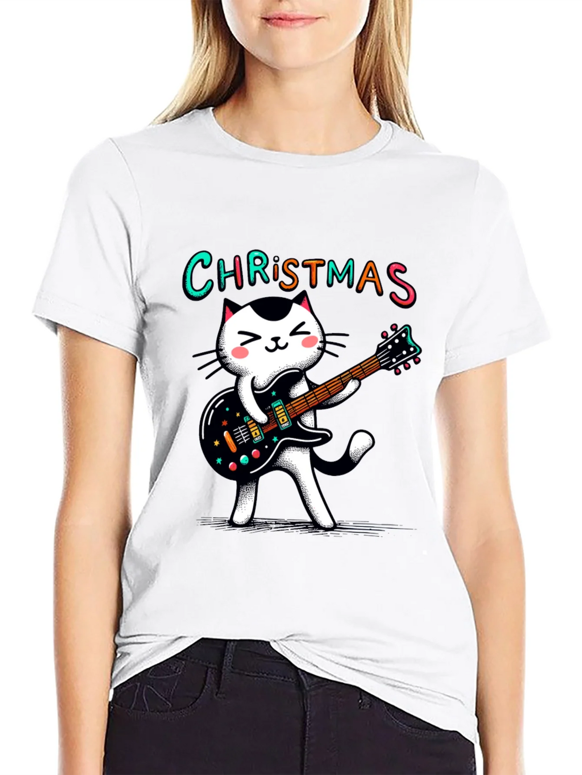 Christmas Cat Guitar T-Shirt - Holiday Style