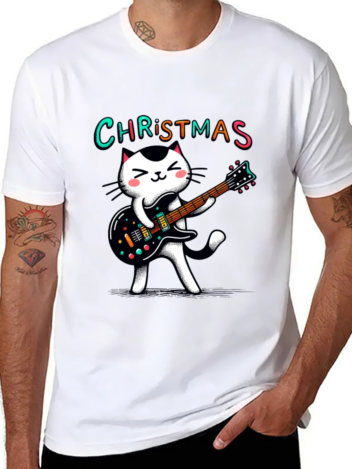 Christmas Cat Guitar T-Shirt - Holiday Style