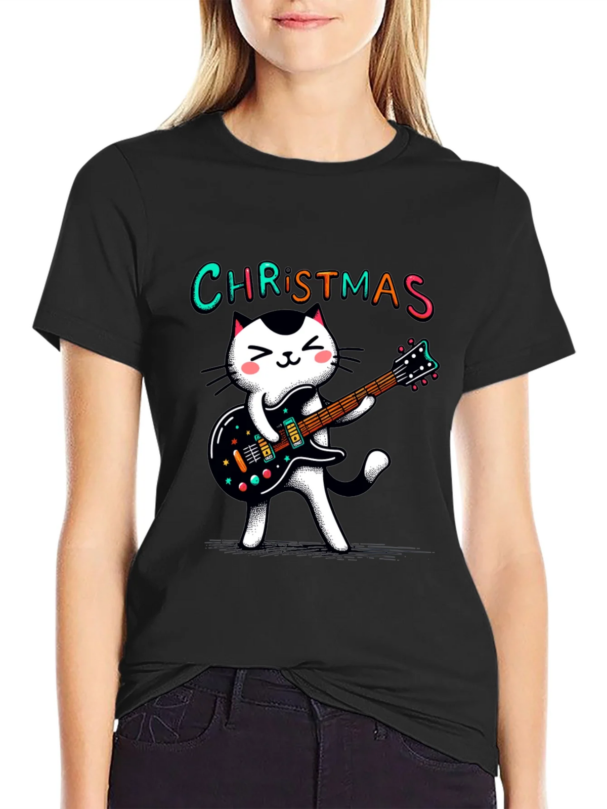 Christmas Cat Guitar T-Shirt - Holiday Style