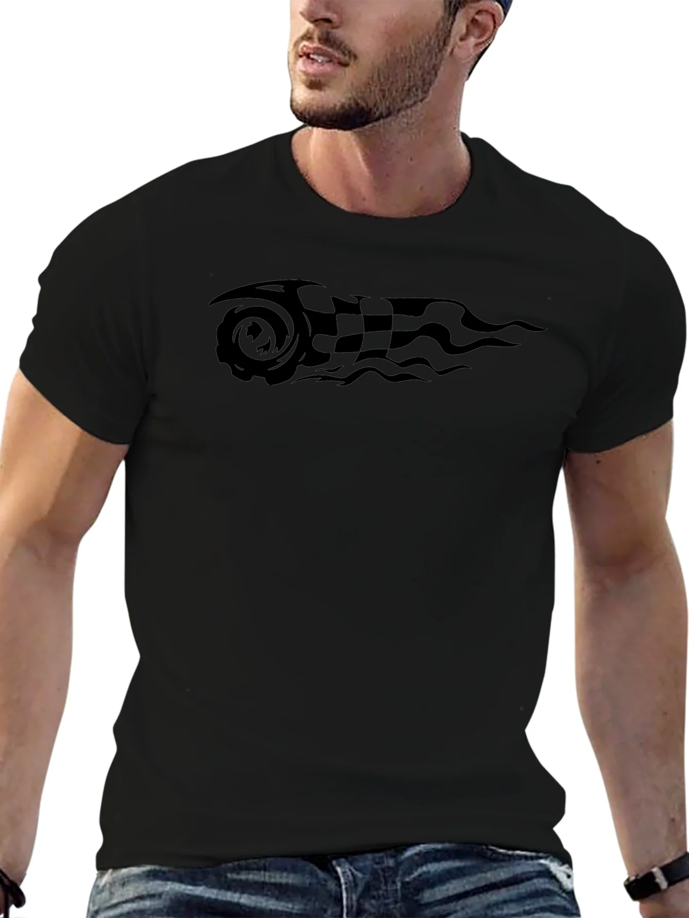 Black Tee with Racing Flag Graphic