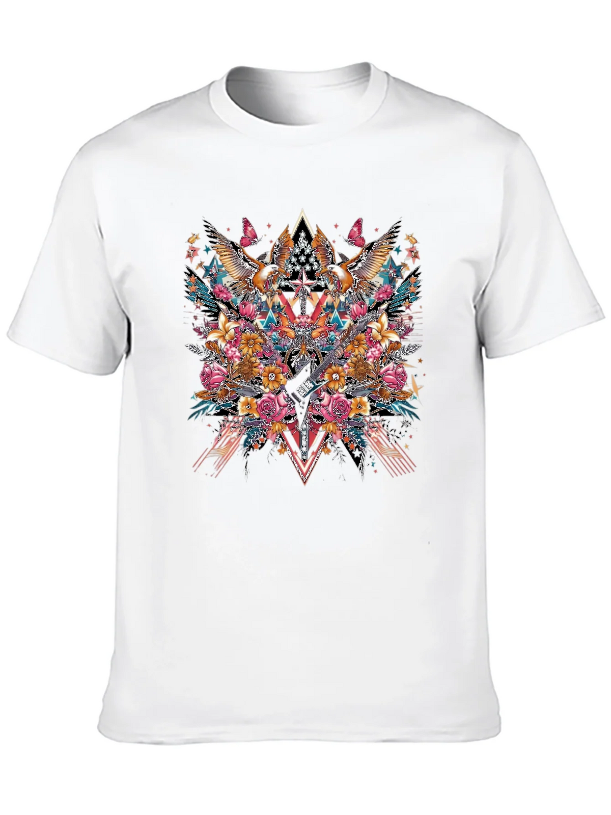 Floral Eagle Guitar Graphic Black T-Shirt