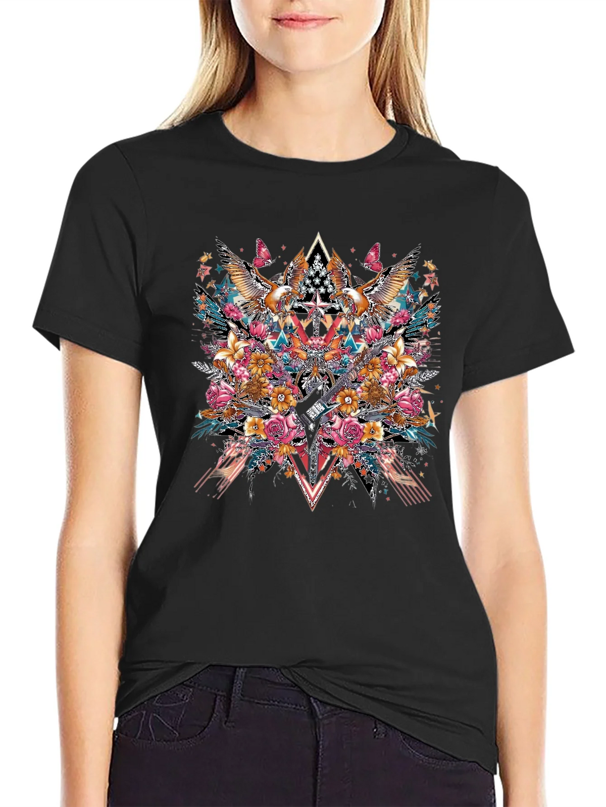 Floral Eagle Guitar Graphic Black T-Shirt