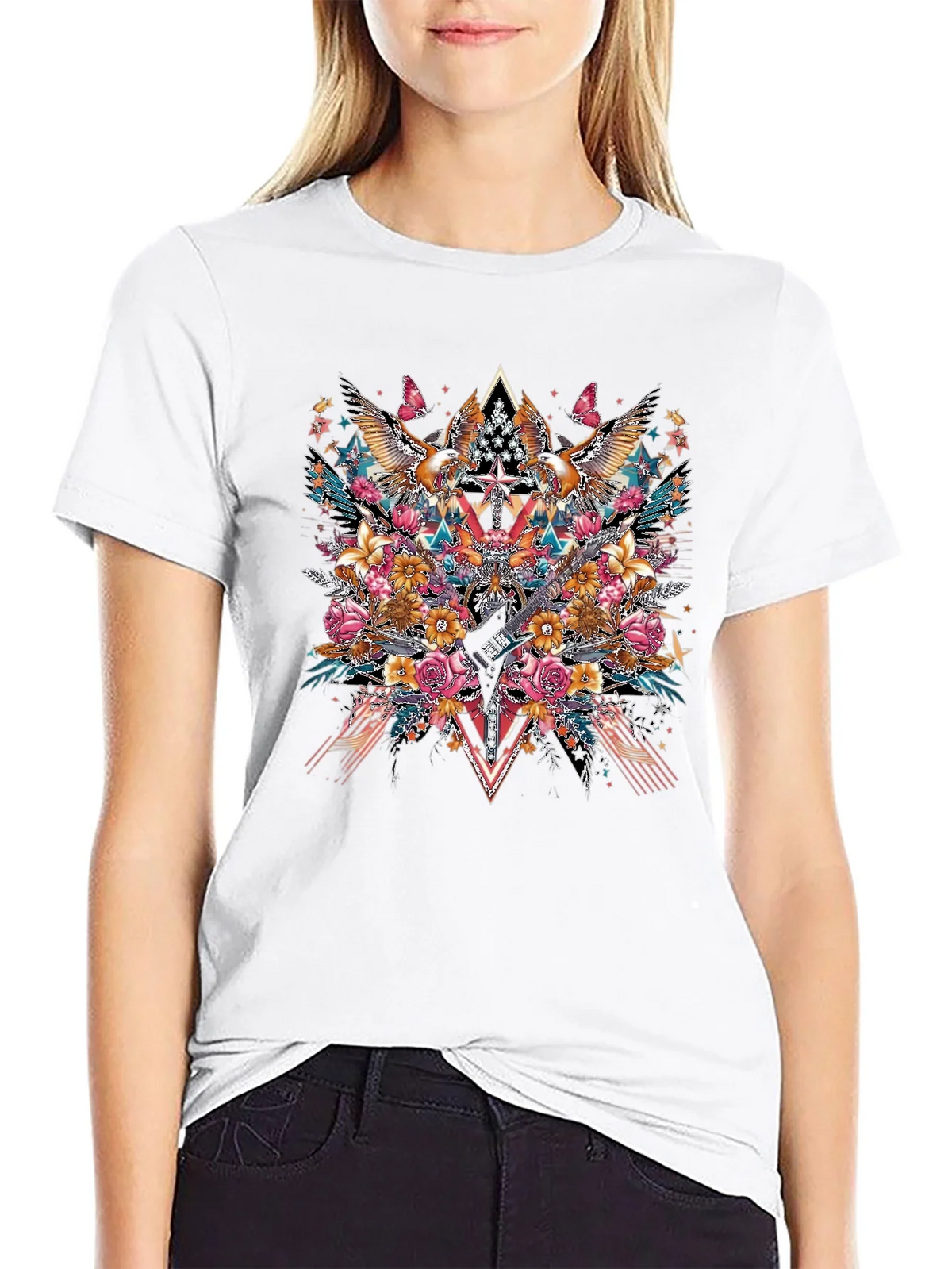 Floral Eagle Guitar Graphic Black T-Shirt