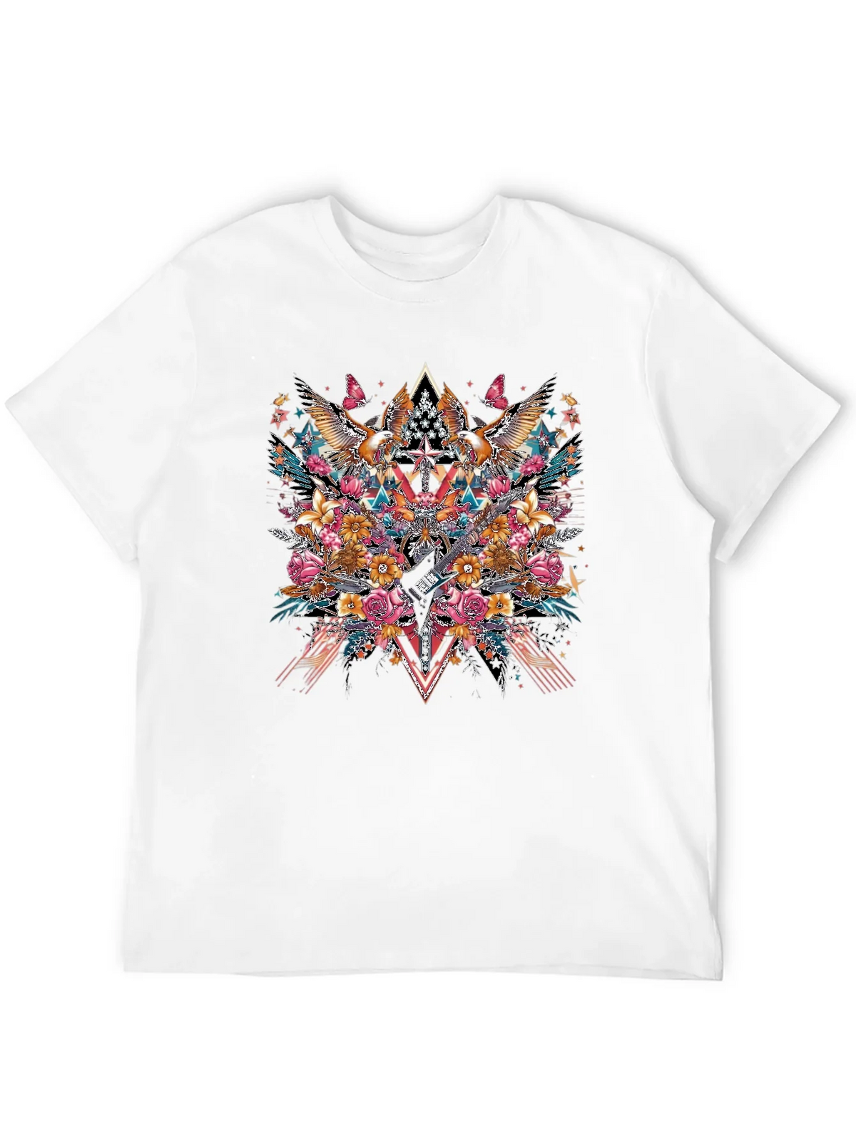 Floral Eagle Guitar Graphic Black T-Shirt