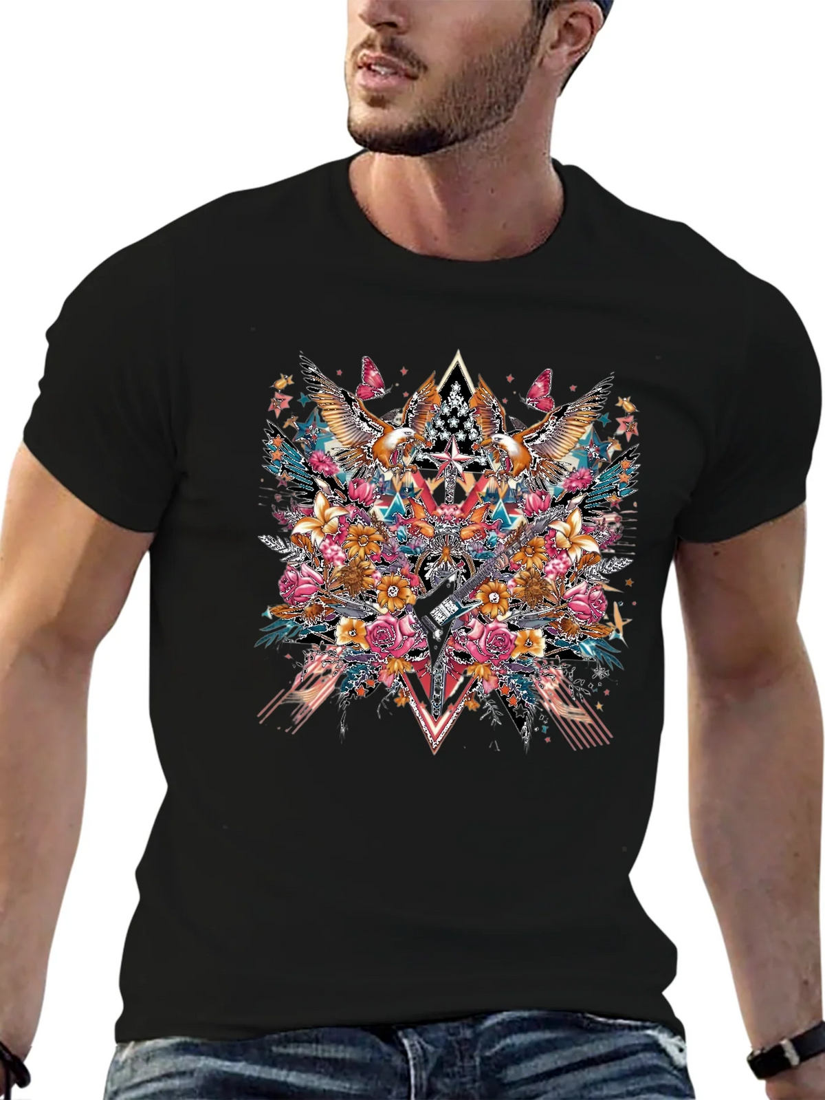 Floral Eagle Guitar Graphic Black T-Shirt