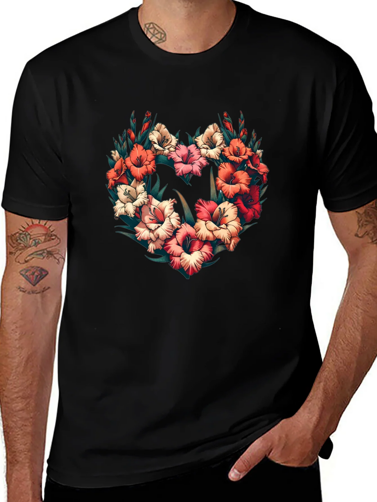 Floral Heart Graphic Black T-Shirt