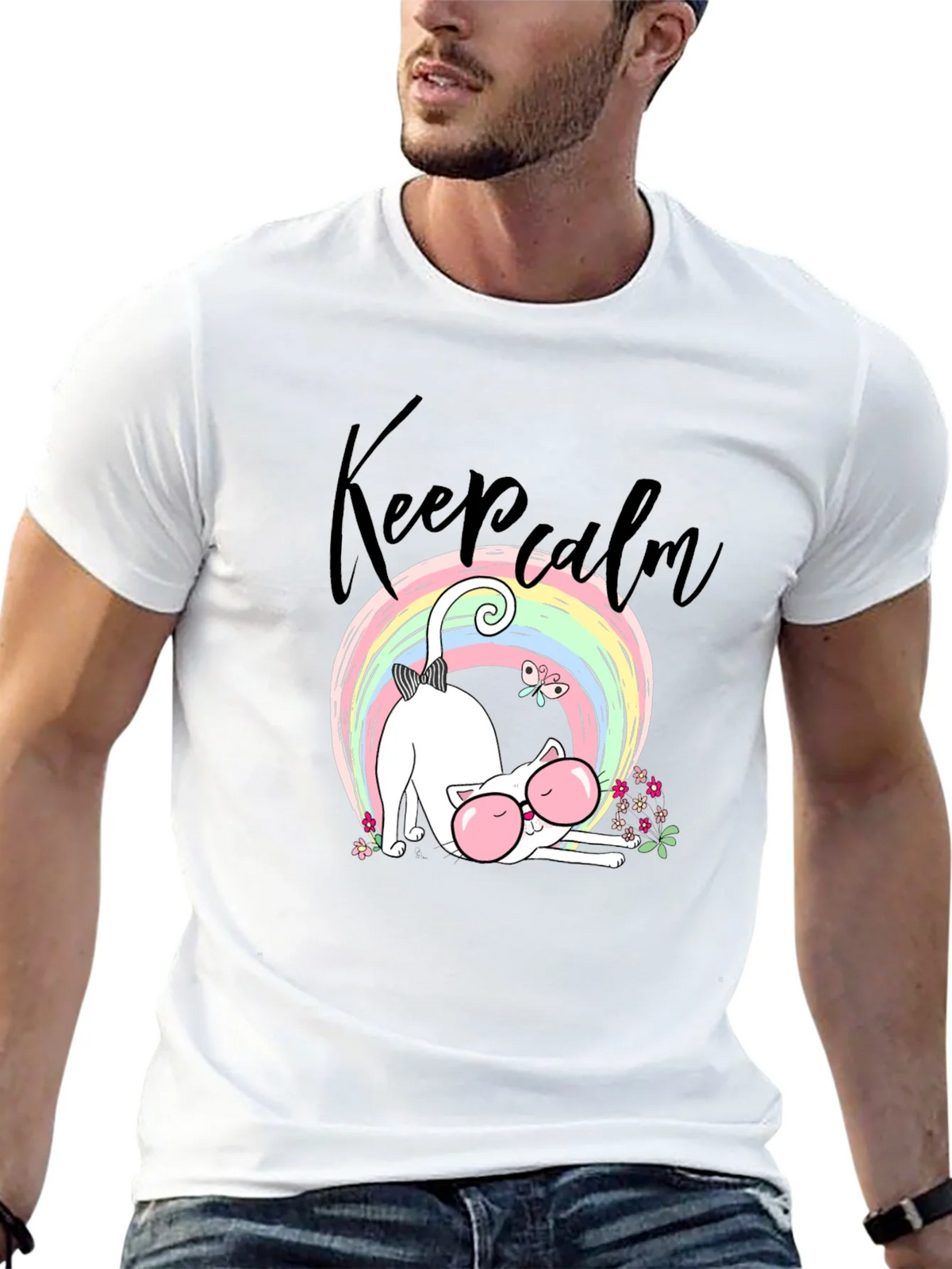Keep Calm Cat T-Shirt - Cute Rainbow Design