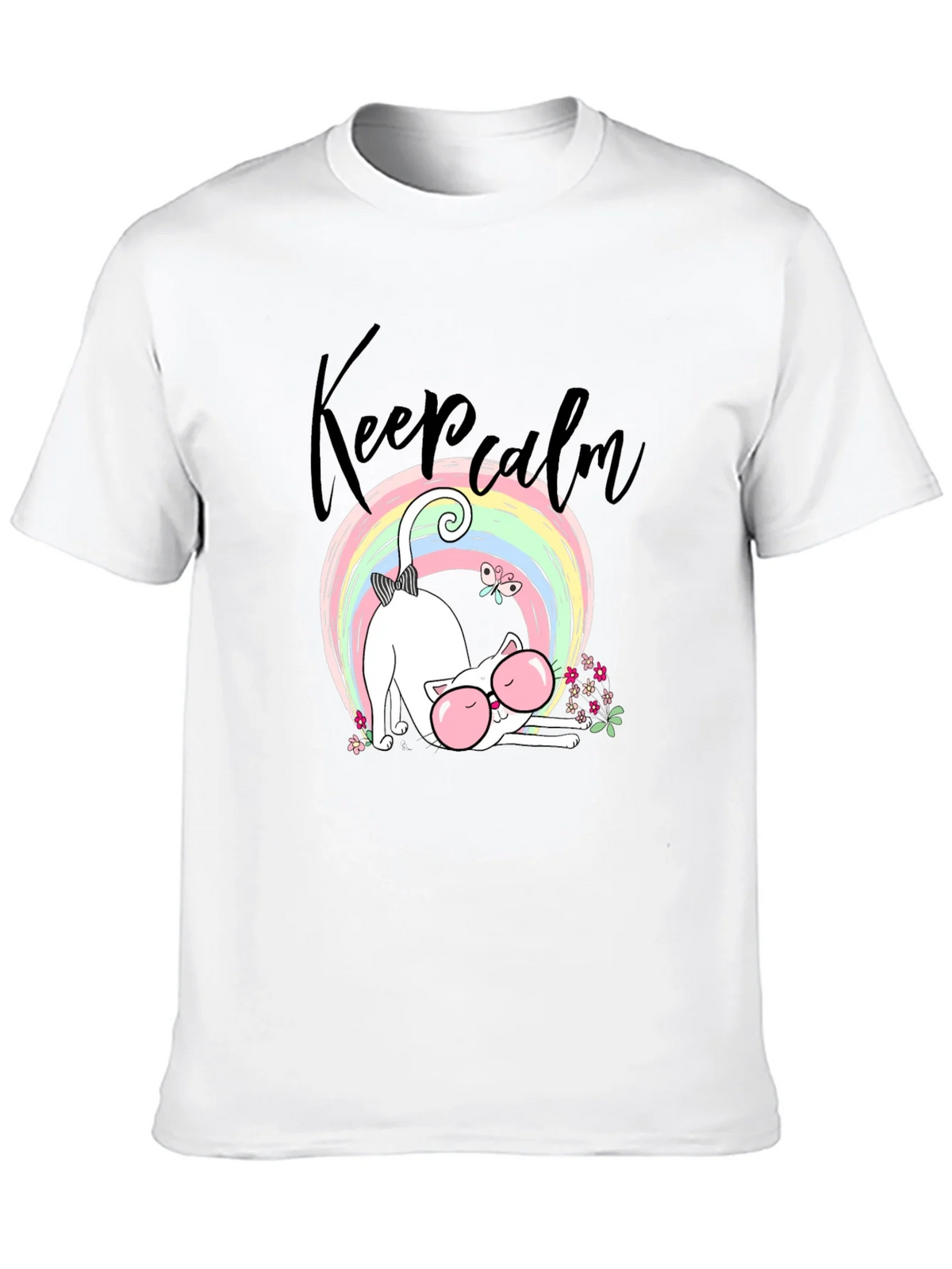 Keep Calm Cat T-Shirt - Cute Rainbow Design