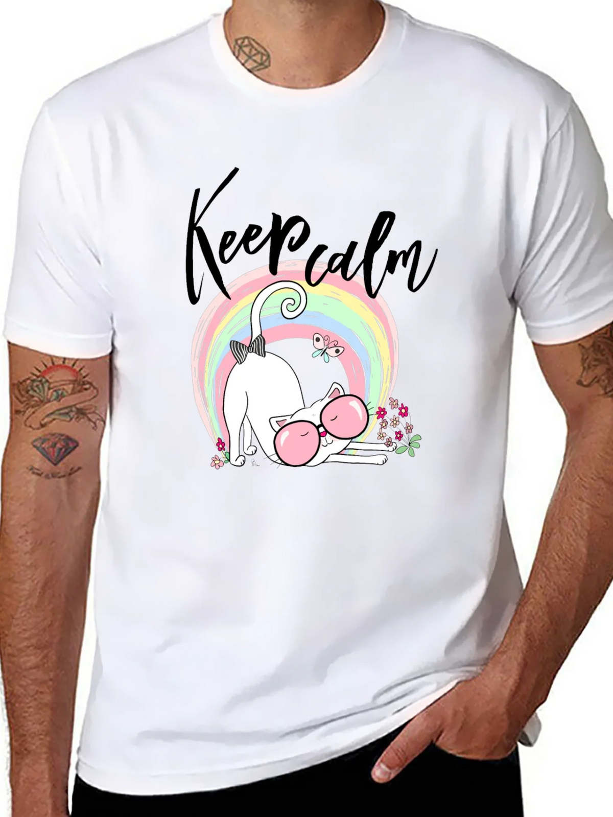 Keep Calm Cat T-Shirt - Cute Rainbow Design