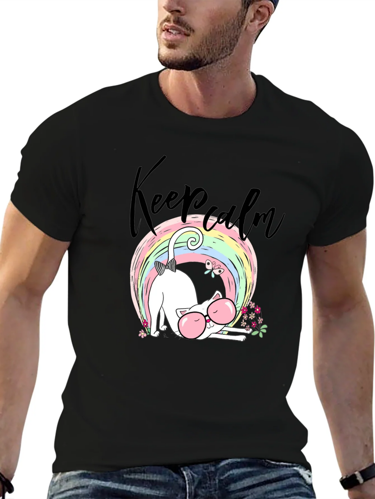 Keep Calm Cat T-Shirt - Cute Rainbow Design