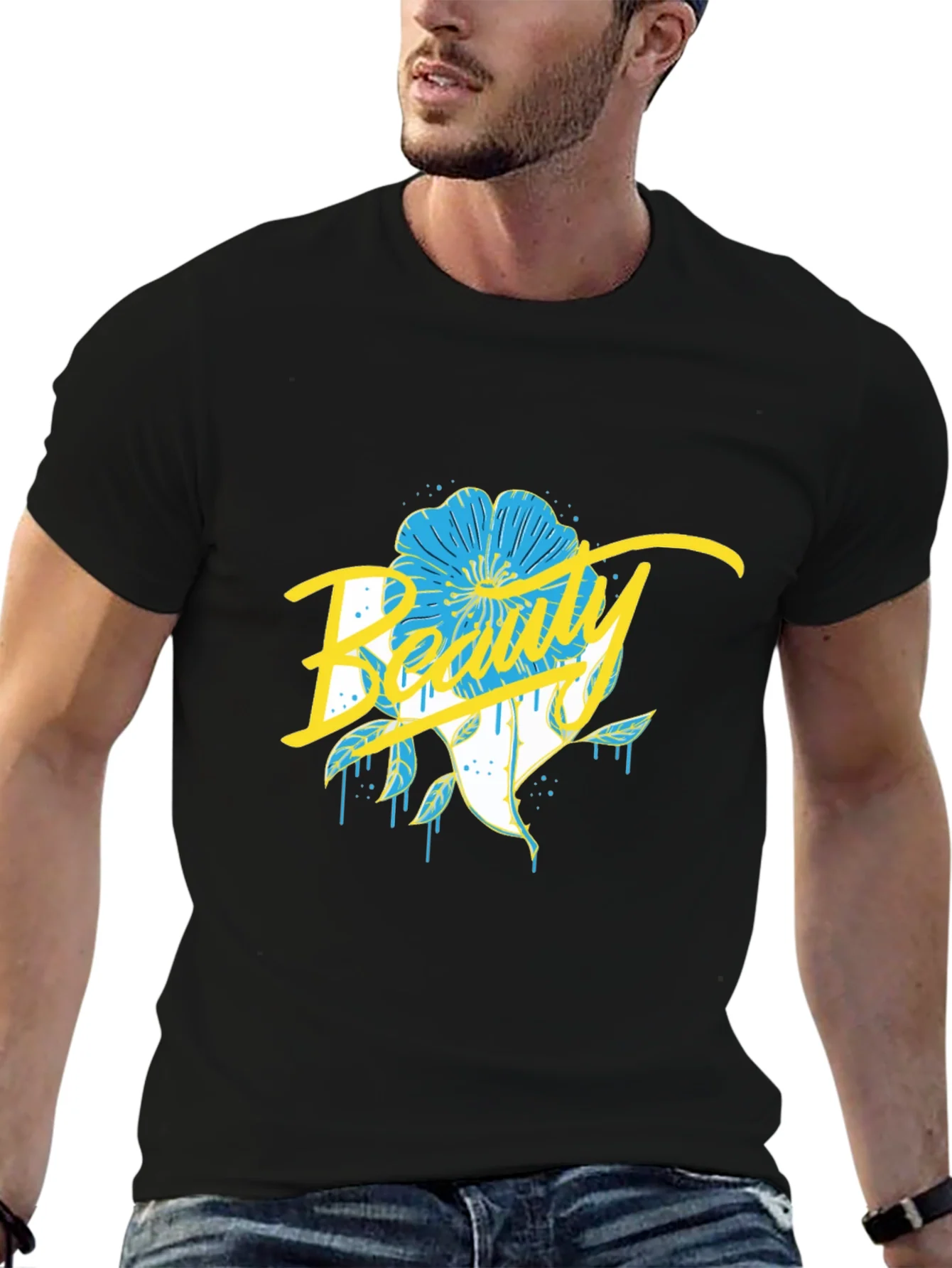Beauty Flower Graphic Black T-Shirt