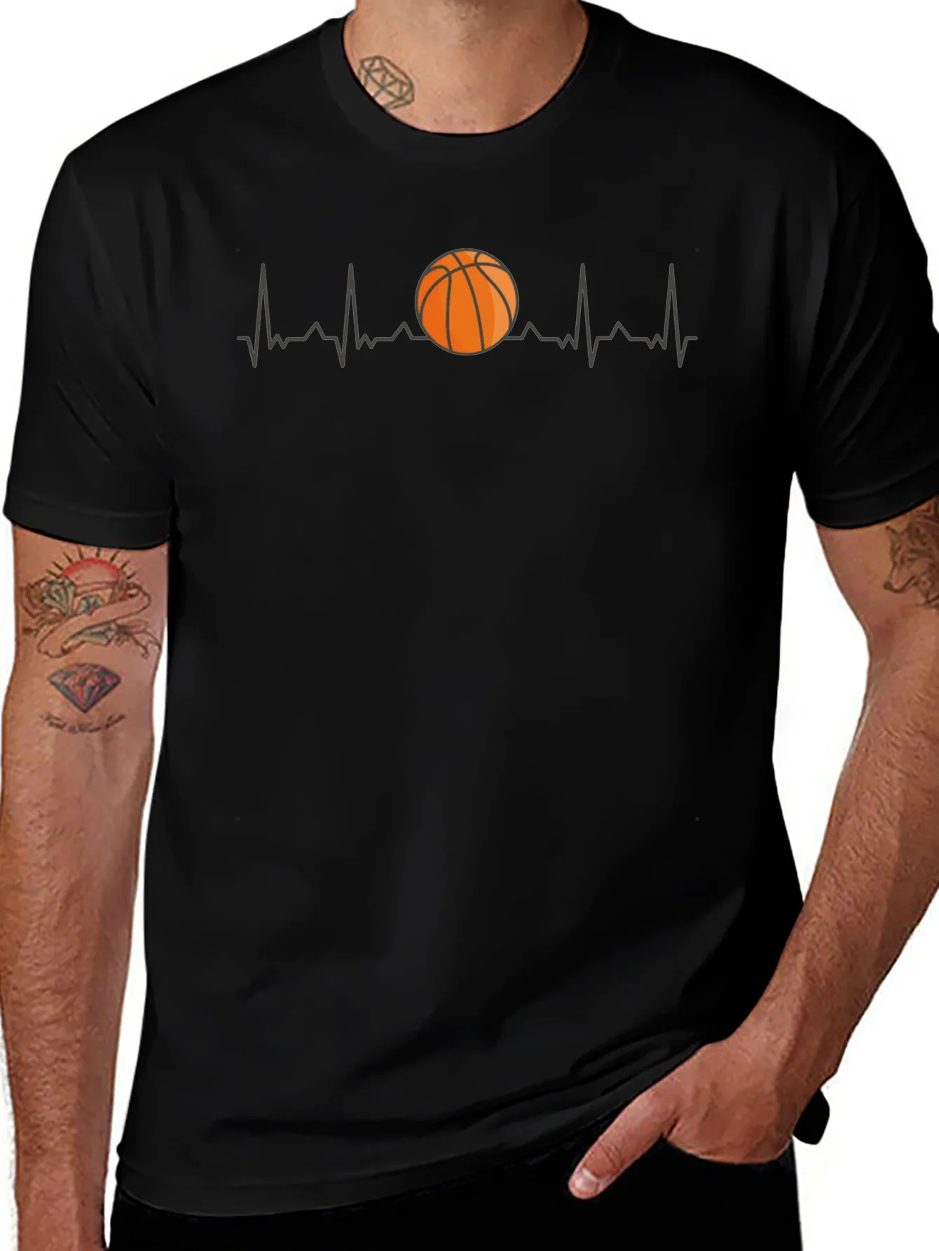 Basketball Heartbeat Graphic Tee - Black Cotton