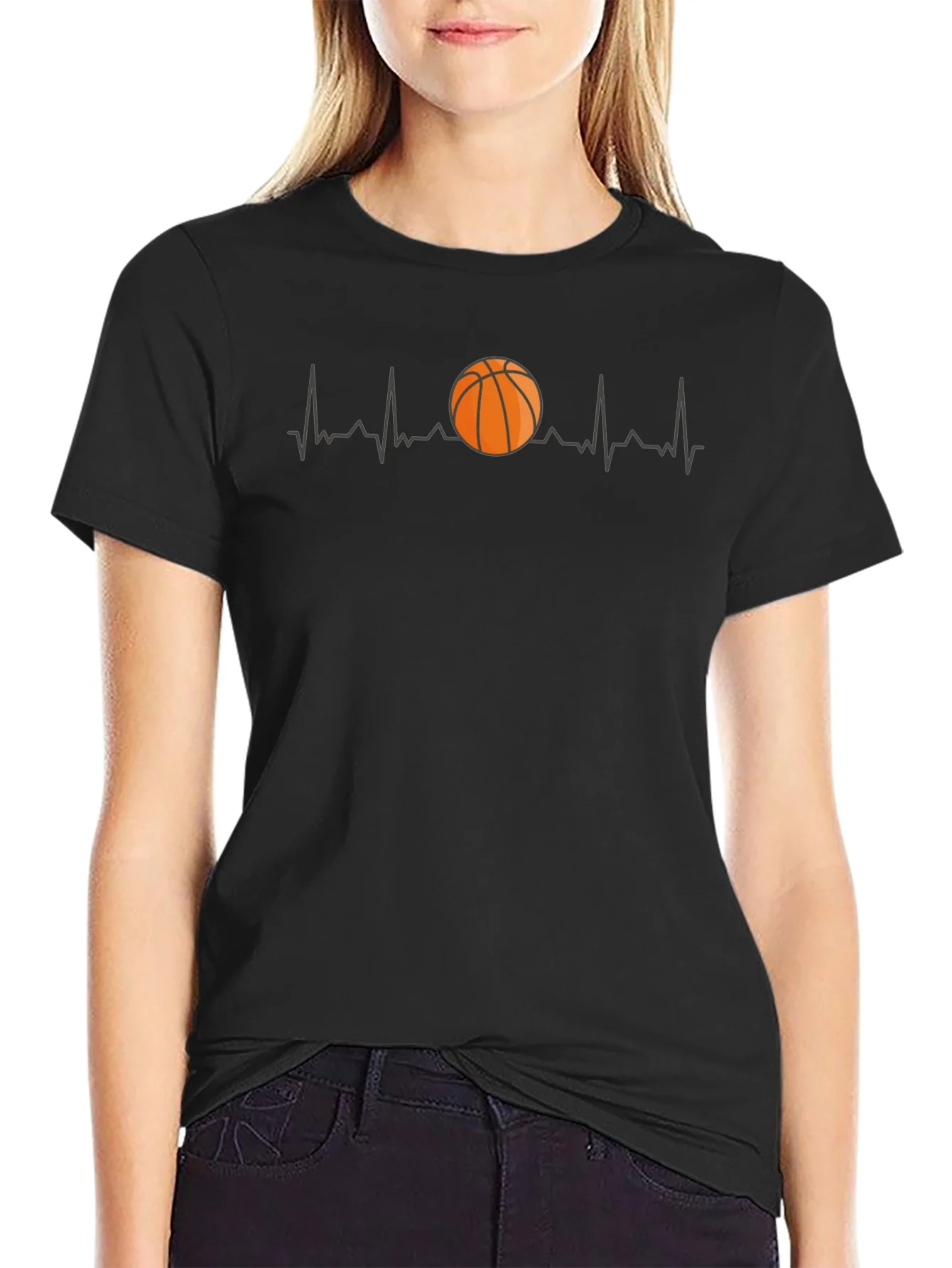 Basketball Heartbeat Graphic Tee - Black Cotton