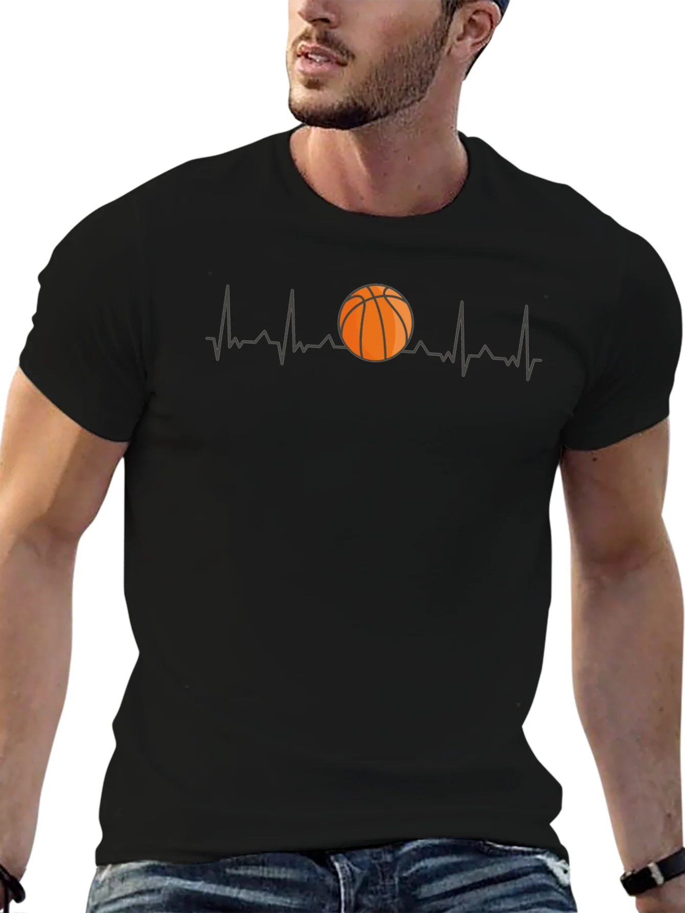 Basketball Heartbeat Graphic Tee - Black Cotton